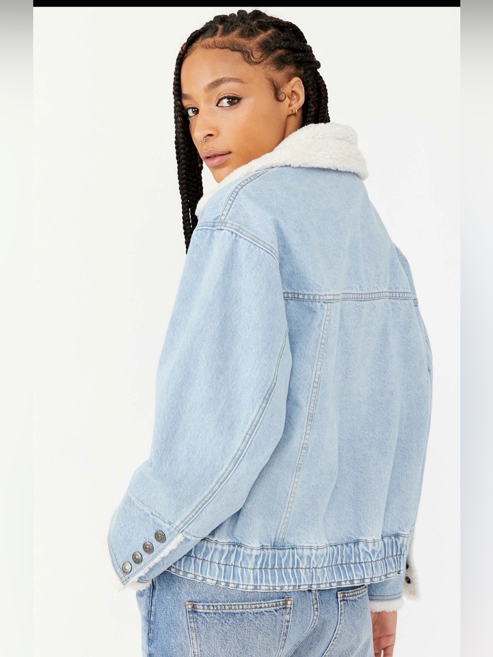 Free People We The Free Ariel Cozy Denim Sherpa Bomber Jacket - Picture 4 of 4